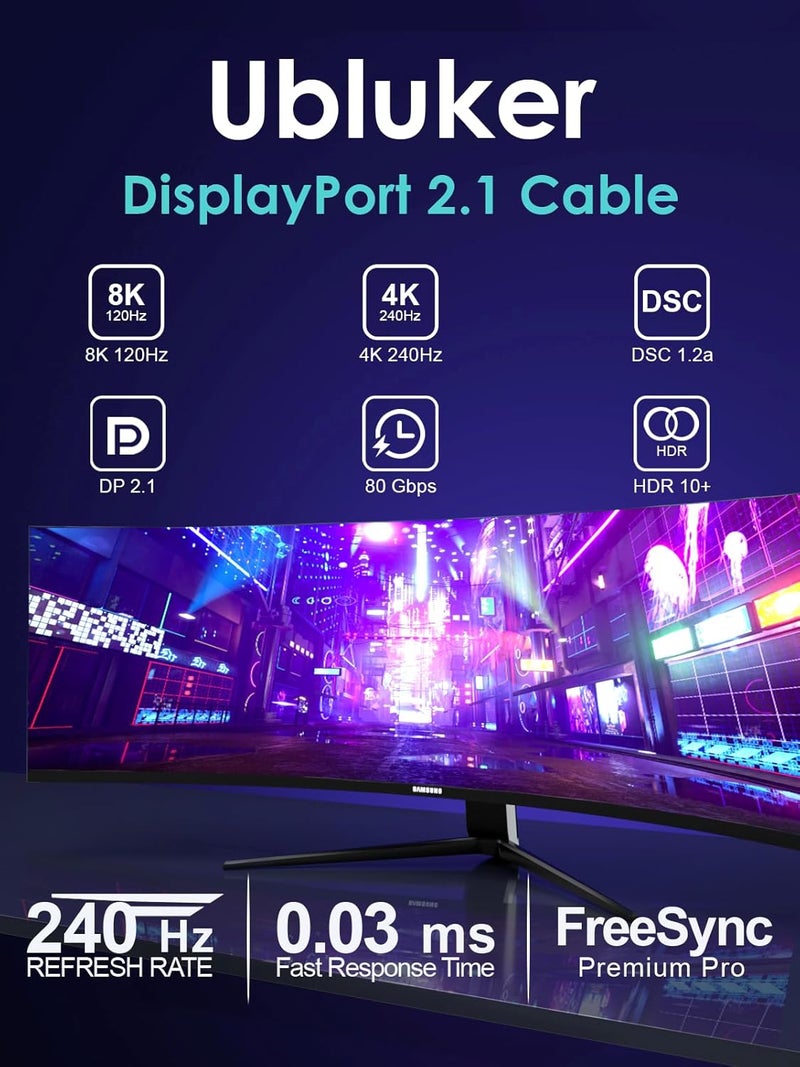 Ubluker كابل DisplayPort 2.1 بسرعة 80Gbps بطول 6.6 قدم، كابل معتمد DP إلى DP بدقة 4K 540Hz 360Hz 240Hz 165Hz 120Hz 16K 8K 240Hz بمعدل بت عالي جداً UHBR20 DSC1.2a Ryzen 7900X GeForce RTX5090 لجهاز الكمبيوتر المحمول والشاشة - Image 3